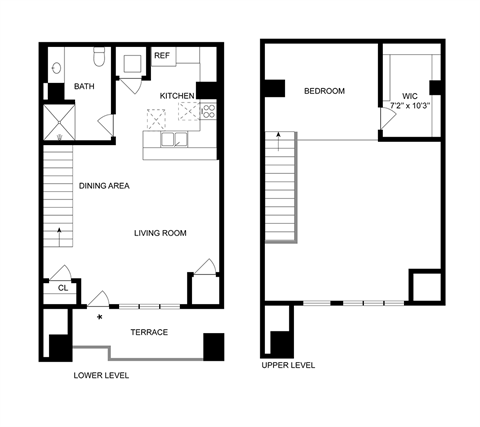 Floor plan for 1 bed, 1 bath, 878 sqft
